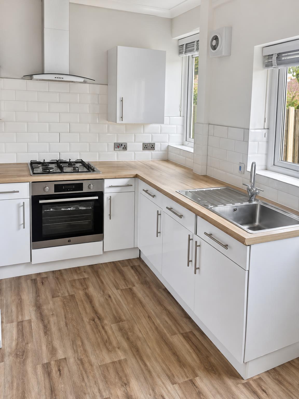 New L-shaped kitchen with metro tiling and oak-effect worktops